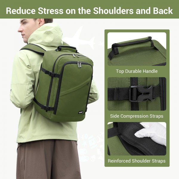 BPK2551 - Kono Flexible Cabin Backpack 30×20×40-Fits 15.6" Laptop, Clamshell Access-Great for Holidays, Work Trips & Commuting - Green