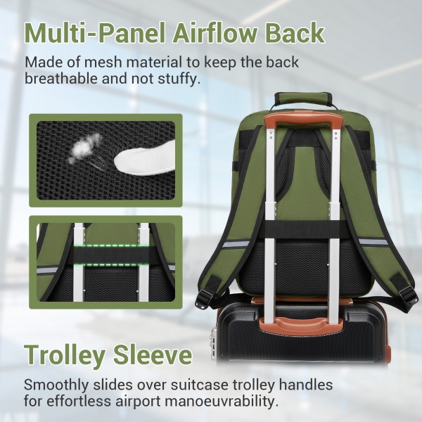 BPK2551 - Kono Flexible Cabin Backpack 30×20×40-Fits 15.6" Laptop, Clamshell Access-Great for Holidays, Work Trips & Commuting - Green
