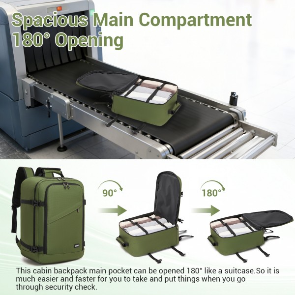 BPK2551 - Kono Flexible Cabin Backpack 30×20×40-Fits 15.6" Laptop, Clamshell Access-Great for Holidays, Work Trips & Commuting - Green