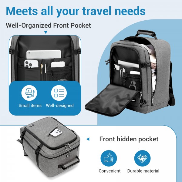 BPK2551 - Kono Flexible Cabin Backpack 30×20×40-Fits 15.6" Laptop, Clamshell Access-Great for Holidays, Work Trips & Commuting - Grey