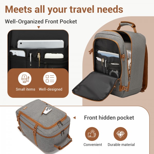 BPK2551 - Kono Flexibler Kabinen-Rucksack 30×20×40 – für 15,6"-Laptop, Koffer-Öffnung – perfekt für Urlaub, Geschäftsreisen & Pendeln – Grau/Braun
