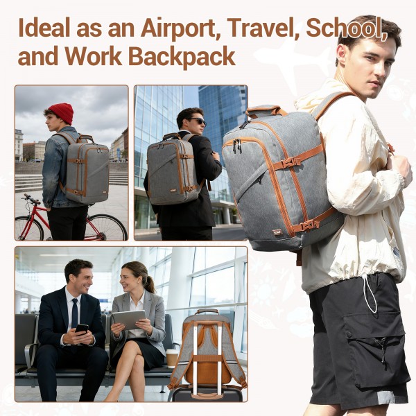BPK2551 - Kono Flexibler Kabinen-Rucksack 30×20×40 – für 15,6"-Laptop, Koffer-Öffnung – perfekt für Urlaub, Geschäftsreisen & Pendeln – Grau/Braun