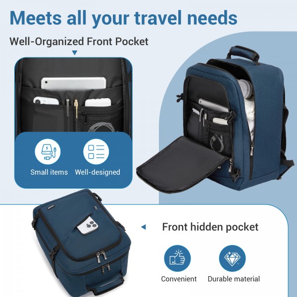 BPK2551 - Kono Flexible Cabin Backpack 30×20×40-Fits 15.6" Laptop, Clamshell Access-Great for Holidays, Work Trips & Commuting - Navy