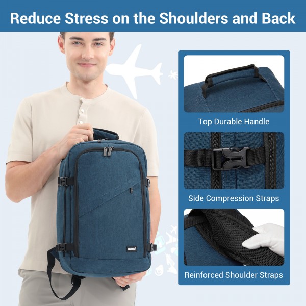 BPK2551 - Kono Flexible Cabin Backpack 30×20×40-Fits 15.6" Laptop, Clamshell Access-Great for Holidays, Work Trips & Commuting - Navy