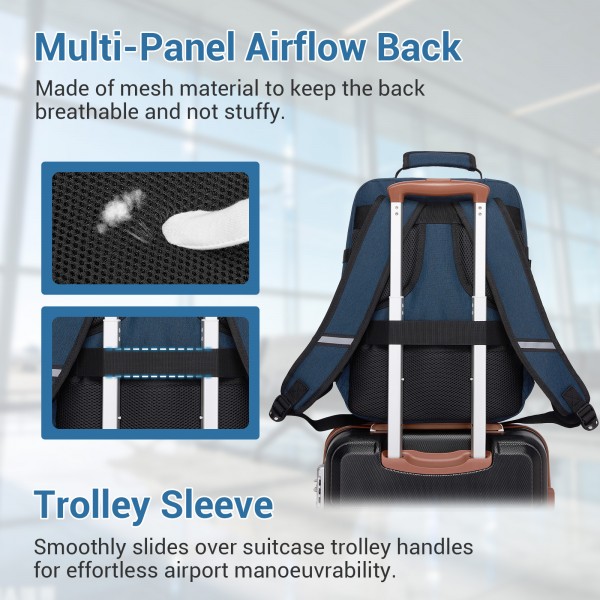 BPK2551 - Kono Flexible Cabin Backpack 30×20×40-Fits 15.6" Laptop, Clamshell Access-Great for Holidays, Work Trips & Commuting - Navy