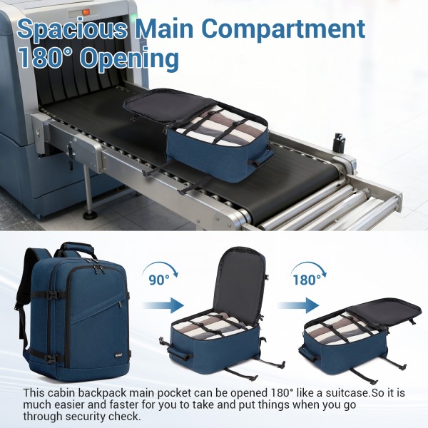 BPK2551 - Kono Flexible Cabin Backpack 30×20×40-Fits 15.6" Laptop, Clamshell Access-Great for Holidays, Work Trips & Commuting - Navy