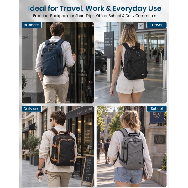 BPK2551 - Kono Flexible Cabin Backpack 30×20×40-Fits 15.6" Laptop, Clamshell Access-Great for Holidays, Work Trips & Commuting - Grey