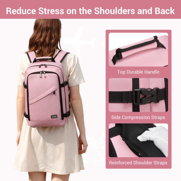 BPK2551 - Kono Flexibler Kabinen-Rucksack 30×20×40 – für 15,6"-Laptop, Koffer-Öffnung – perfekt für Urlaub, Geschäftsreisen & Pendeln – Rosa
