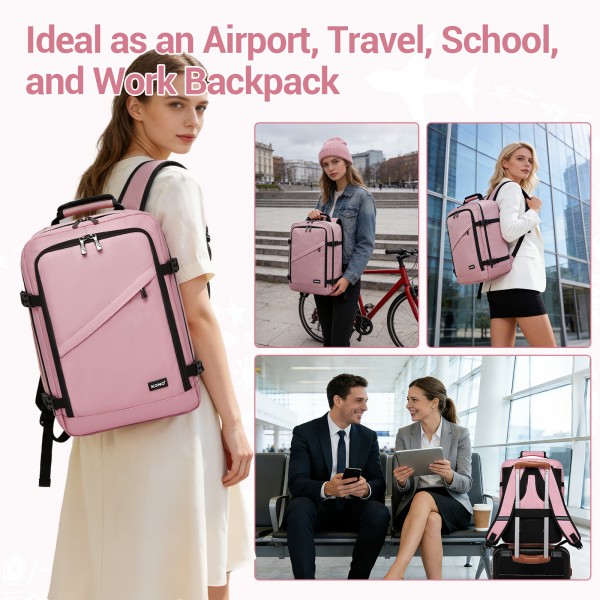 BPK2551 - Kono Flexibler Kabinen-Rucksack 30×20×40 – für 15,6"-Laptop, Koffer-Öffnung – perfekt für Urlaub, Geschäftsreisen & Pendeln – Rosa