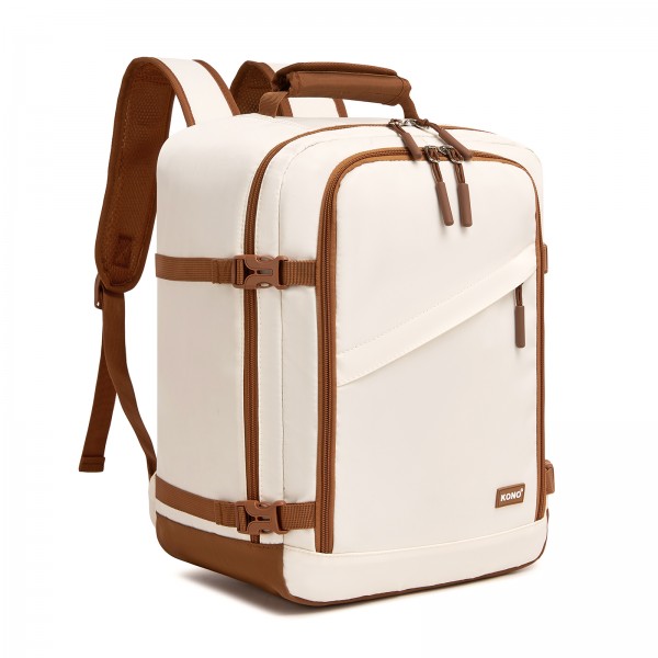 BPK2565 - Kono Colour-Block Organised Cabin Backpack 40×30×20 – Spacious, Clamshell, 15.6″ Laptop, Travel & Commute Ready - Beige and Brown