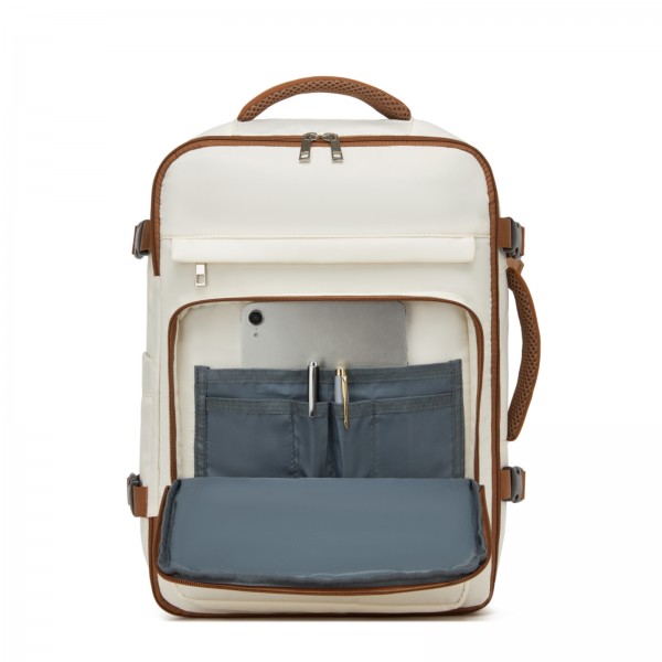 BPK2601- Kono Kabinen-Reiserucksack 40×20×30 cm – Wasserabweisend, Mehrere Fächer, Gepolstertes Laptopfach, Diebstahlsicher, Handgepäck-Tasche - Beige und Braun