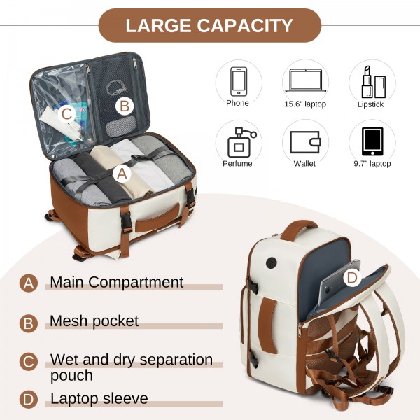 BPK2601- Kono Kabinen-Reiserucksack 40×20×30 cm – Wasserabweisend, Mehrere Fächer, Gepolstertes Laptopfach, Diebstahlsicher, Handgepäck-Tasche - Beige und Braun