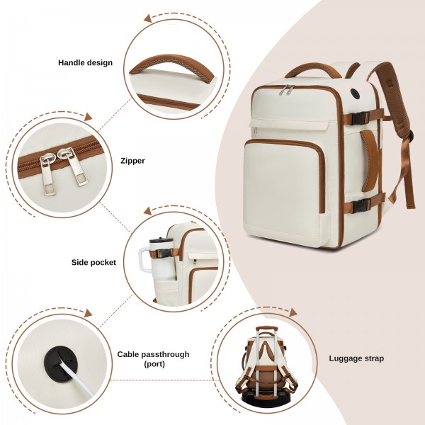 BPK2601- Kono Kabinen-Reiserucksack 40×20×30 cm – Wasserabweisend, Mehrere Fächer, Gepolstertes Laptopfach, Diebstahlsicher, Handgepäck-Tasche - Beige und Braun