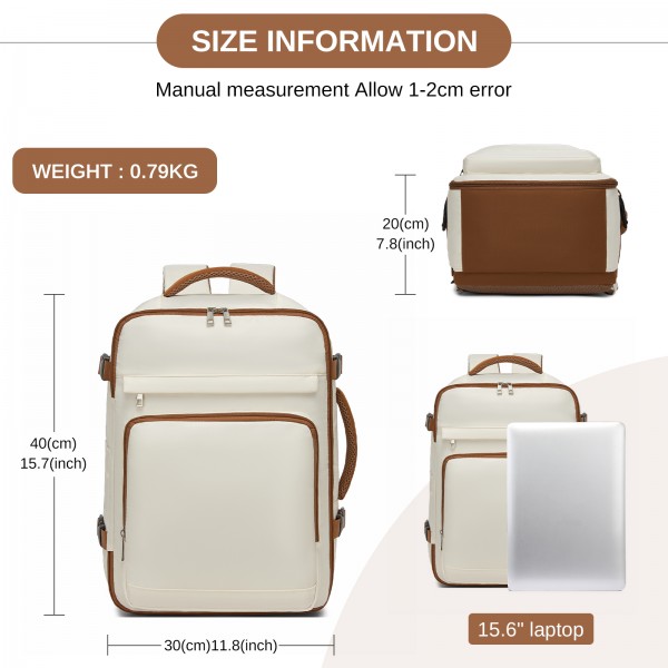 BPK2601- Kono Kabinen-Reiserucksack 40×20×30 cm – Wasserabweisend, Mehrere Fächer, Gepolstertes Laptopfach, Diebstahlsicher, Handgepäck-Tasche - Beige und Braun