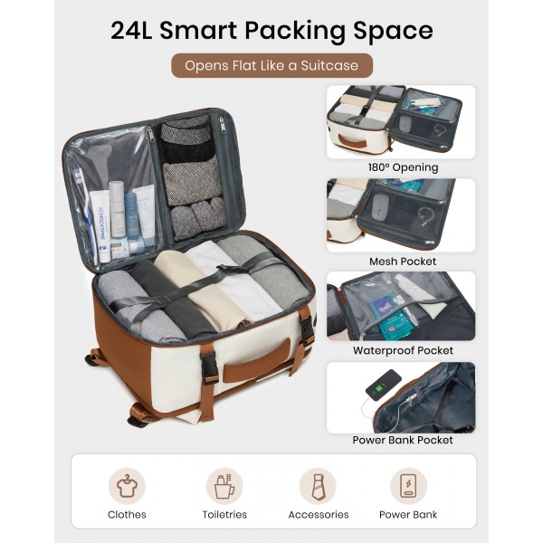 BPK2601- Kono Cabin Travel Backpack 40×20×30 cm – Water-Resistant, Multi-Compartment, Padded Laptop, Anti-Theft, Carry-On Tote - Beige and Brown