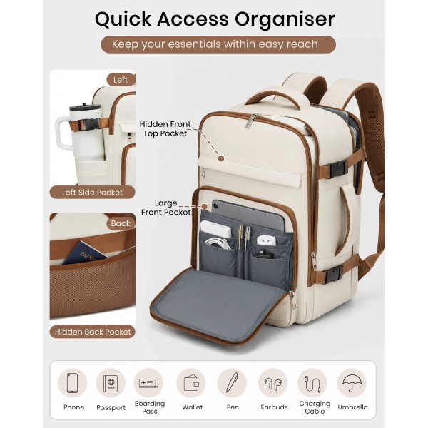 BPK2601- Kono Cabin Travel Backpack 40×20×30 cm – Water-Resistant, Multi-Compartment, Padded Laptop, Anti-Theft, Carry-On Tote - Beige and Brown