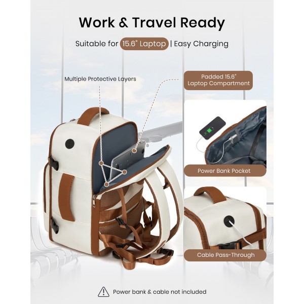 BPK2601- Kono Cabin Travel Backpack 40×20×30 cm – Water-Resistant, Multi-Compartment, Padded Laptop, Anti-Theft, Carry-On Tote - Beige and Brown