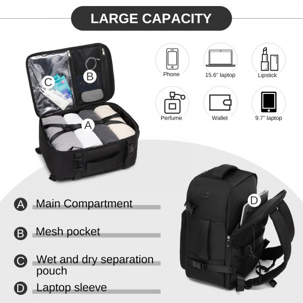 BPK2601- Kono Kabinen-Reiserucksack 40×20×30 cm – Wasserabweisend, Mehrere Fächer, Gepolstertes Laptopfach, Diebstahlsicher, Handgepäck-Tasche - Schwarz