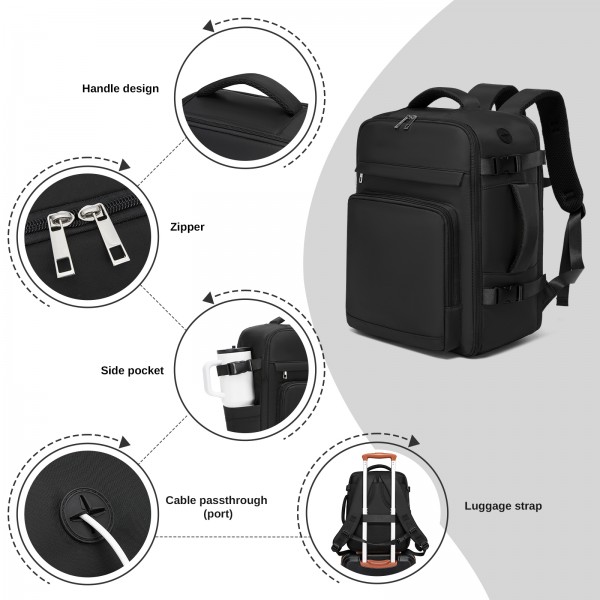 BPK2601- Kono Kabinen-Reiserucksack 40×20×30 cm – Wasserabweisend, Mehrere Fächer, Gepolstertes Laptopfach, Diebstahlsicher, Handgepäck-Tasche - Schwarz