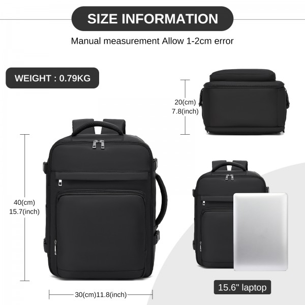 BPK2601- Kono Kabinen-Reiserucksack 40×20×30 cm – Wasserabweisend, Mehrere Fächer, Gepolstertes Laptopfach, Diebstahlsicher, Handgepäck-Tasche - Schwarz