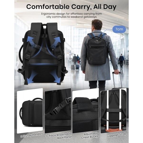 BPK2601- Kono Cabin Travel Backpack 40×20×30 cm – Water-Resistant, Multi-Compartment, Padded Laptop, Anti-Theft, Carry-On Tote - Black