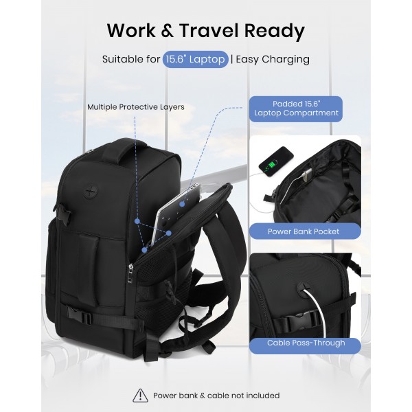 BPK2601- Kono Cabin Travel Backpack 40×20×30 cm – Water-Resistant, Multi-Compartment, Padded Laptop, Anti-Theft, Carry-On Tote - Black