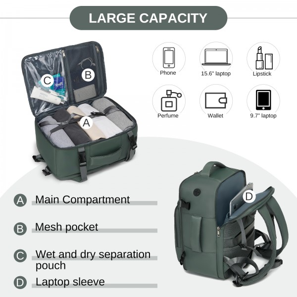 BPK2601- Kono Kabinen-Reiserucksack 40×20×30 cm – Wasserabweisend, Mehrere Fächer, Gepolstertes Laptopfach, Diebstahlsicher, Handgepäck-Tasche - Grün
