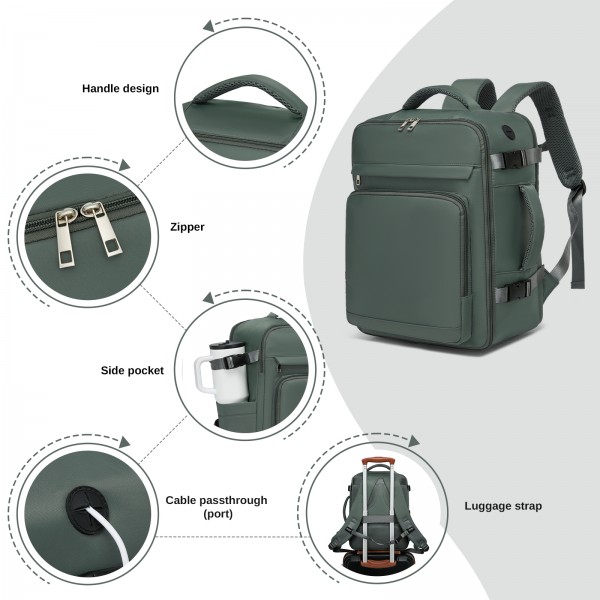 BPK2601- Kono Kabinen-Reiserucksack 40×20×30 cm – Wasserabweisend, Mehrere Fächer, Gepolstertes Laptopfach, Diebstahlsicher, Handgepäck-Tasche - Grün