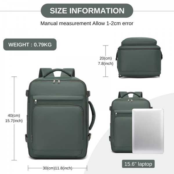 BPK2601- Kono Kabinen-Reiserucksack 40×20×30 cm – Wasserabweisend, Mehrere Fächer, Gepolstertes Laptopfach, Diebstahlsicher, Handgepäck-Tasche - Grün