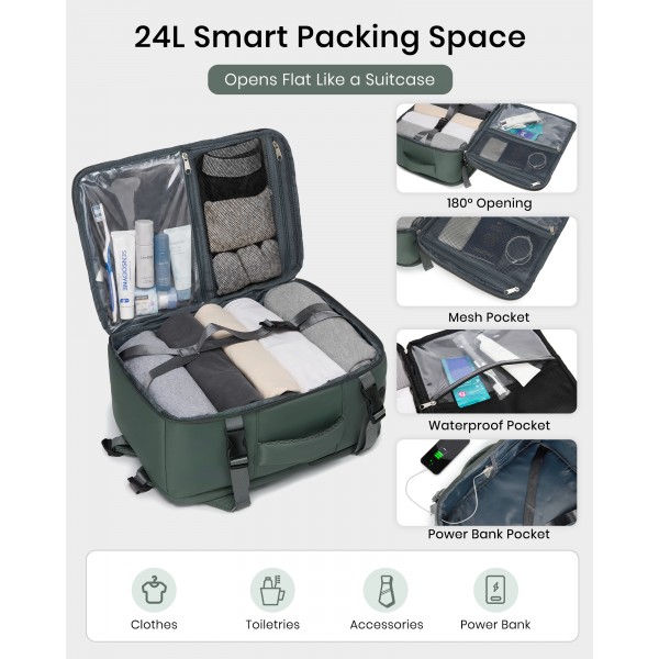 BPK2601- Kono Cabin Travel Backpack 40×20×30 cm – Water-Resistant, Multi-Compartment, Padded Laptop, Anti-Theft, Carry-On Tote - Green