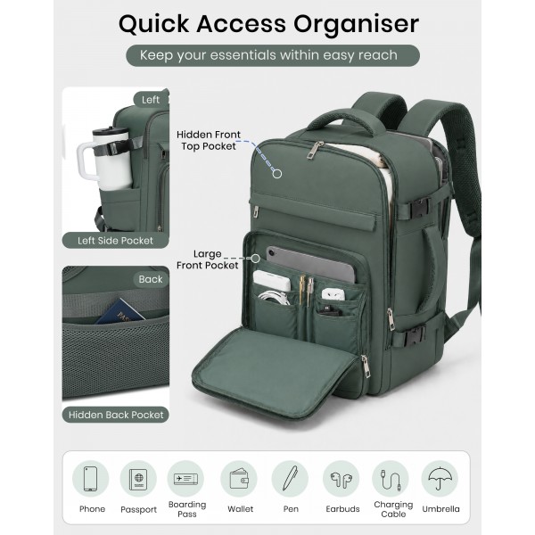 BPK2601- Kono Cabin Travel Backpack 40×20×30 cm – Water-Resistant, Multi-Compartment, Padded Laptop, Anti-Theft, Carry-On Tote - Green