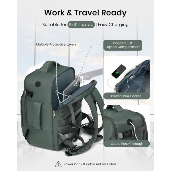 BPK2601- Kono Cabin Travel Backpack 40×20×30 cm – Water-Resistant, Multi-Compartment, Padded Laptop, Anti-Theft, Carry-On Tote - Green
