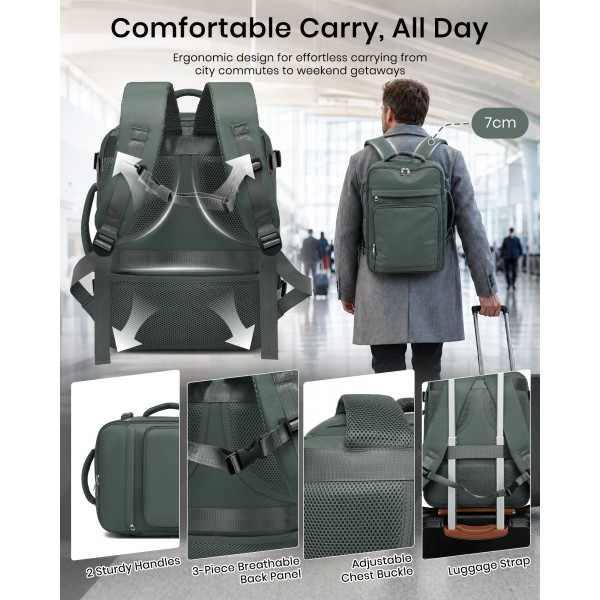 BPK2601- Kono Cabin Travel Backpack 40×20×30 cm – Water-Resistant, Multi-Compartment, Padded Laptop, Anti-Theft, Carry-On Tote - Green