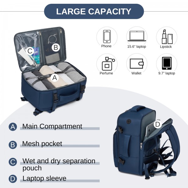 BPK2601- Kono Kabinen-Reiserucksack 40×20×30 cm – Wasserabweisend, Mehrere Fächer, Gepolstertes Laptopfach, Diebstahlsicher, Handgepäck-Tasche - Marineblau