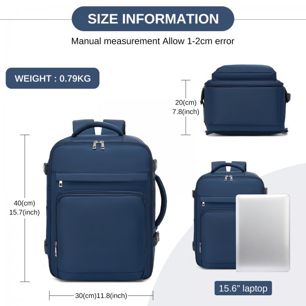 BPK2601- Kono Kabinen-Reiserucksack 40×20×30 cm – Wasserabweisend, Mehrere Fächer, Gepolstertes Laptopfach, Diebstahlsicher, Handgepäck-Tasche - Marineblau