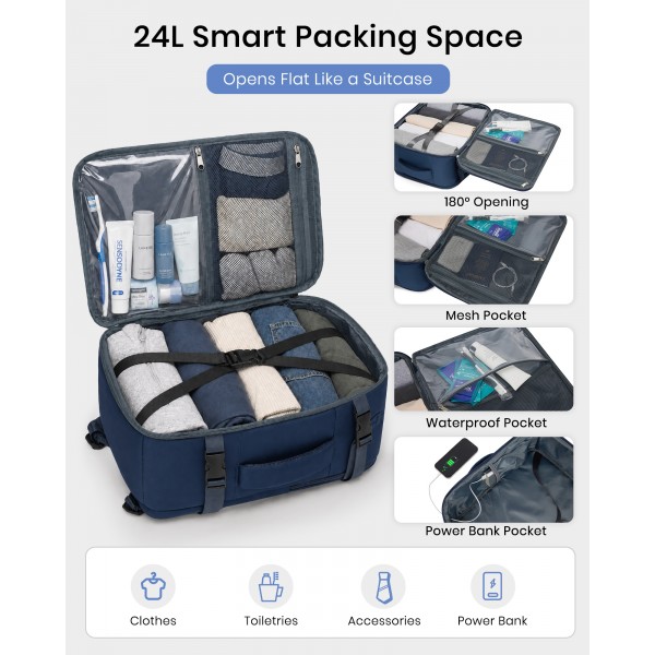 BPK2601- Kono Cabin Travel Backpack 40×20×30 cm – Water-Resistant, Multi-Compartment, Padded Laptop, Anti-Theft, Carry-On Tote - Navy