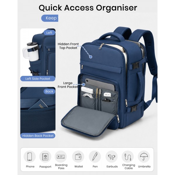 BPK2601- Kono Cabin Travel Backpack 40×20×30 cm – Water-Resistant, Multi-Compartment, Padded Laptop, Anti-Theft, Carry-On Tote - Navy