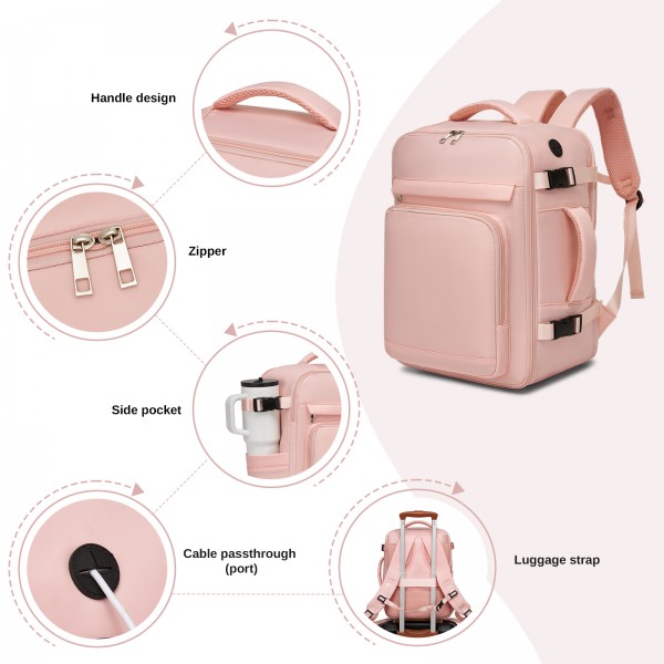 BPK2601- Kono Kabinen-Reiserucksack 40×20×30 cm – Wasserabweisend, Mehrere Fächer, Gepolstertes Laptopfach, Diebstahlsicher, Handgepäck-Tasche - Rosa