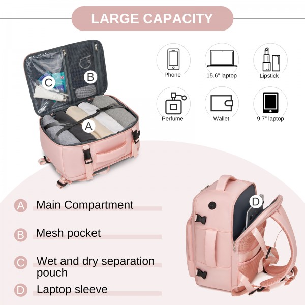 BPK2601- Kono Kabinen-Reiserucksack 40×20×30 cm – Wasserabweisend, Mehrere Fächer, Gepolstertes Laptopfach, Diebstahlsicher, Handgepäck-Tasche - Rosa