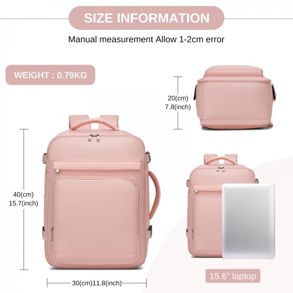 BPK2601- Kono Kabinen-Reiserucksack 40×20×30 cm – Wasserabweisend, Mehrere Fächer, Gepolstertes Laptopfach, Diebstahlsicher, Handgepäck-Tasche - Rosa