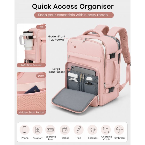 BPK2601- Kono Cabin Travel Backpack 40×20×30 cm – Water-Resistant, Multi-Compartment, Padded Laptop, Anti-Theft, Carry-On Tote - Pink