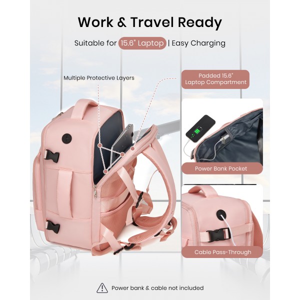 BPK2601- Kono Cabin Travel Backpack 40×20×30 cm – Water-Resistant, Multi-Compartment, Padded Laptop, Anti-Theft, Carry-On Tote - Pink