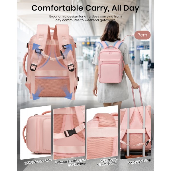 BPK2601- Kono Cabin Travel Backpack 40×20×30 cm – Water-Resistant, Multi-Compartment, Padded Laptop, Anti-Theft, Carry-On Tote - Pink