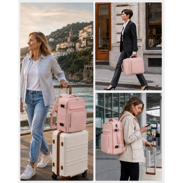 BPK2601- Kono Cabin Travel Backpack 40×20×30 cm – Water-Resistant, Multi-Compartment, Padded Laptop, Anti-Theft, Carry-On Tote - Pink