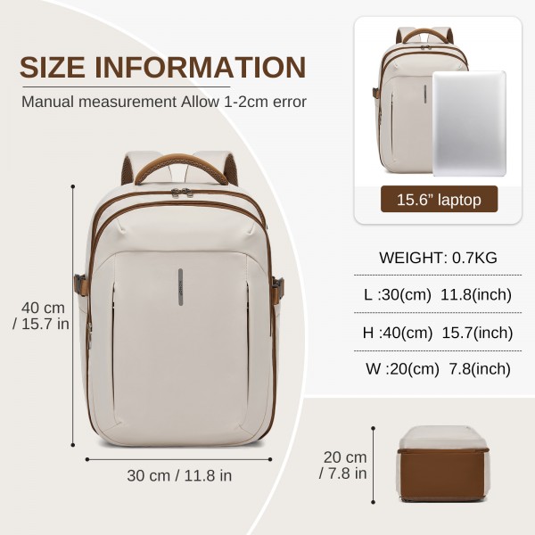 BPK2602- Kono Cabin Approved Carry On Backpack 40×30×20cm, Water Resistant 15.6 Inch Laptop Travel Rucksack with Dry-wet Separation Pouch - Beige and Brown