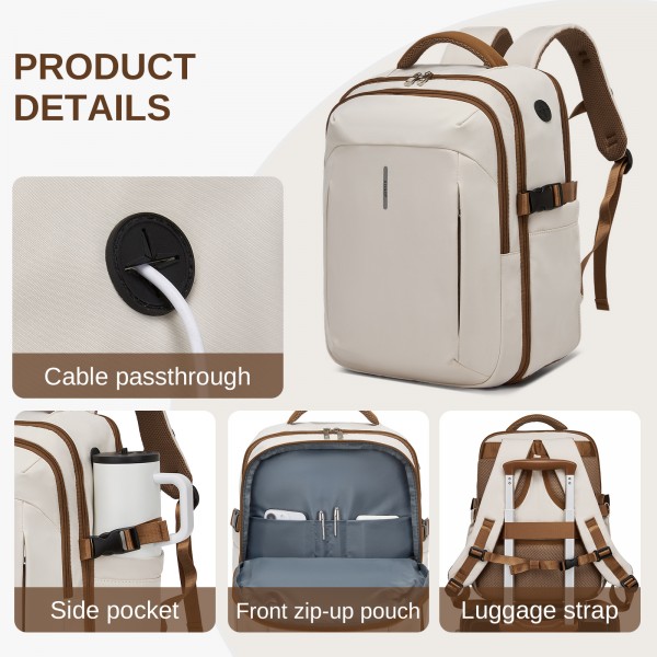 BPK2602- Kono Cabin Approved Carry On Backpack 40×30×20cm, Water Resistant 15.6 Inch Laptop Travel Rucksack with Dry-wet Separation Pouch - Beige and Brown