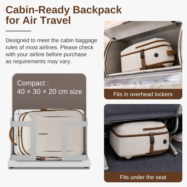 BPK2602- Kono Cabin Approved Carry On Backpack 40×30×20cm, Water Resistant 15.6 Inch Laptop Travel Rucksack with Dry-wet Separation Pouch - Beige and Brown
