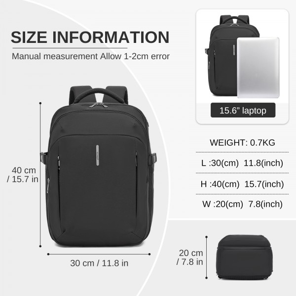 BPK2602- Kono Cabin Approved Carry On Backpack 40×30×20cm, Water Resistant 15.6 Inch Laptop Travel Rucksack with Dry-wet Separation Pouch - Black