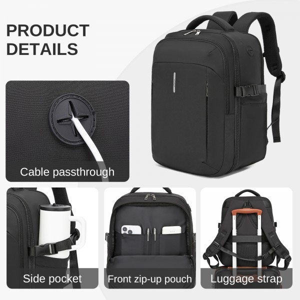 BPK2602- Kono Cabin Approved Carry On Backpack 40×30×20cm, Water Resistant 15.6 Inch Laptop Travel Rucksack with Dry-wet Separation Pouch - Black