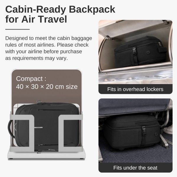 BPK2602- Kono Cabin Approved Carry On Backpack 40×30×20cm, Water Resistant 15.6 Inch Laptop Travel Rucksack with Dry-wet Separation Pouch - Black